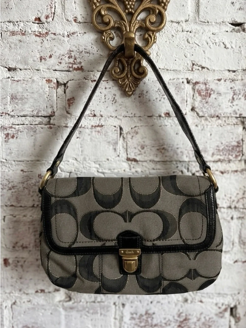 Coach Gray and Black Signature Canvas Shoulder Bag